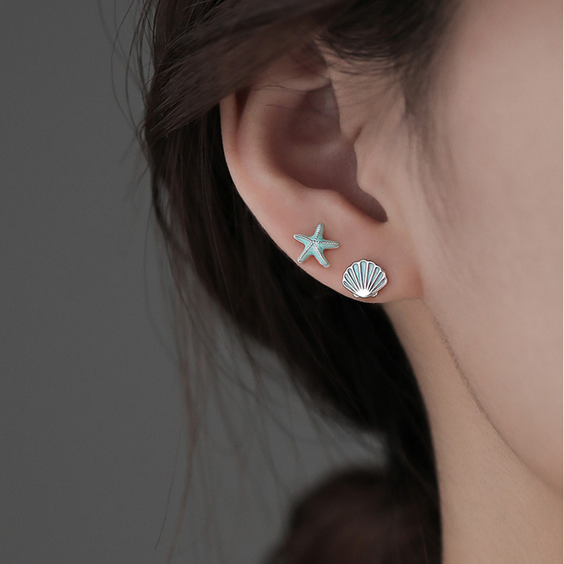 QMCOCO Minimalistic Silver Color Blue And Pink Shell Starfish Stud Earrings For Women Delicate Exquisite Asymmetric Earrings
