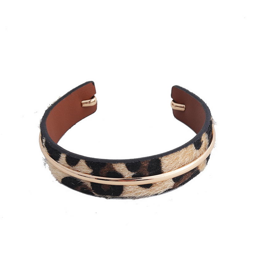 PU Leather Leopard Cuff Bracelets Bangles for Women Curve Metal Strip Art Deco Adjustable Friendship Bracelets Jewelry Wholesale