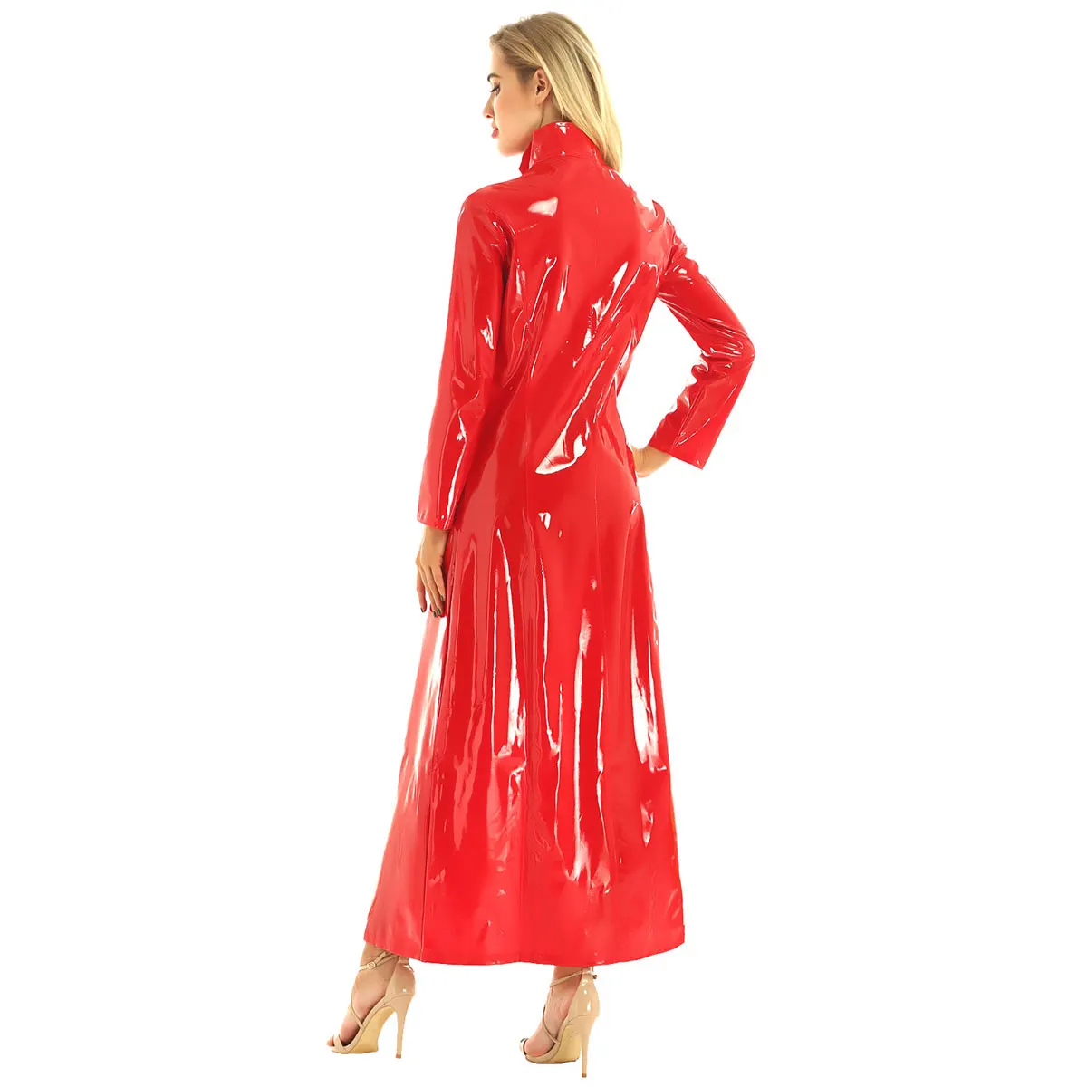 High Neck PU Leather Windbreaker Women PVC Wetlook Coat Long Sleeve Jacket Ladies Clubwear Zip Costume Pole Dancing New Custom