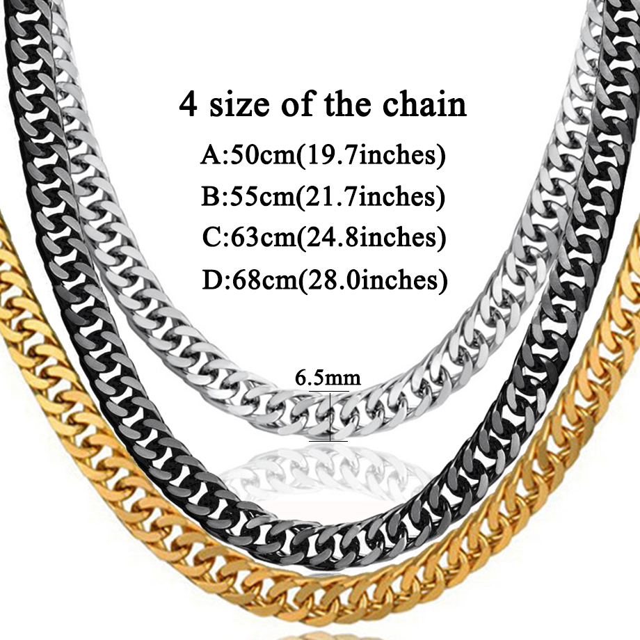 Men's 6.5mm Stainless Steel Black Silver Color Miami Cuban Link Necklace Long Women Bling Hip hop Jewelry Gold Chain 28"