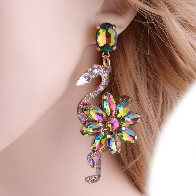 NeeFu WoFu 2023 Crystal Long Earrings Big Flamingo Large Earrings For Women Resin Brincos Brand earrings Ear Fine Jewelry Gift