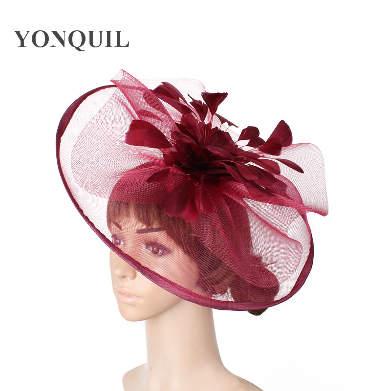 Wine Red Fascinator Feather Flower Wedding Hair Clips And Headbands Women Party Royal Ascot Bridal Church Show Hat Great Quality