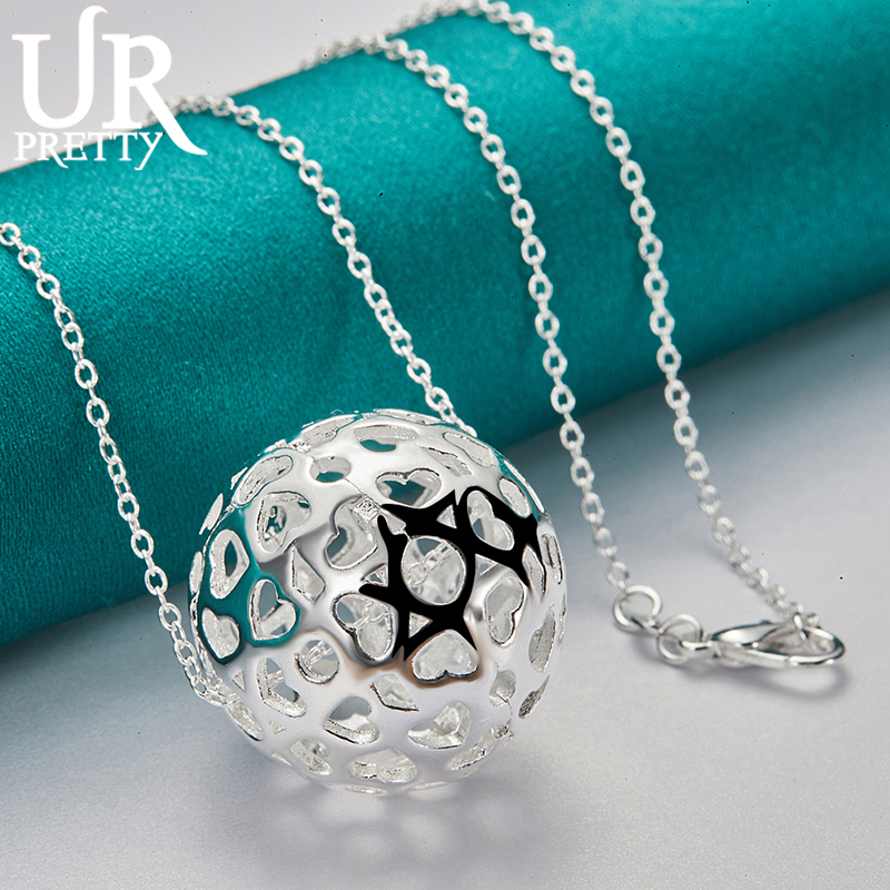 URPRETTY 925 Sterling Silver Hollow Exquisite Ball Pendant Necklace 16/18/20/22/24/26/28/30 Inch Snake Chain For Woman Jewelry