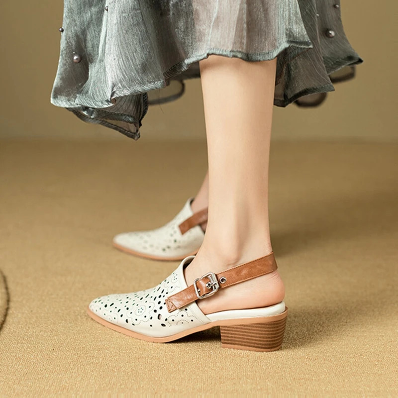 NEW Summer Genuine Leather For Women Pointed Chunky Heel Shoes Cover Toe Slingback Hollow Beige Sandals 68