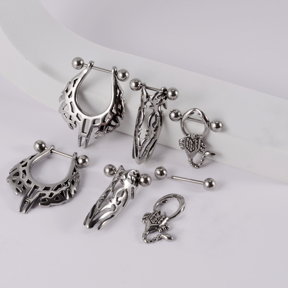 2Pc Surgical Steel Lobster Crab Nipple Barbell Piercing Zen Chain Dangling Nipple Shield Tongue Bar Body Jewelry 14gX6mm