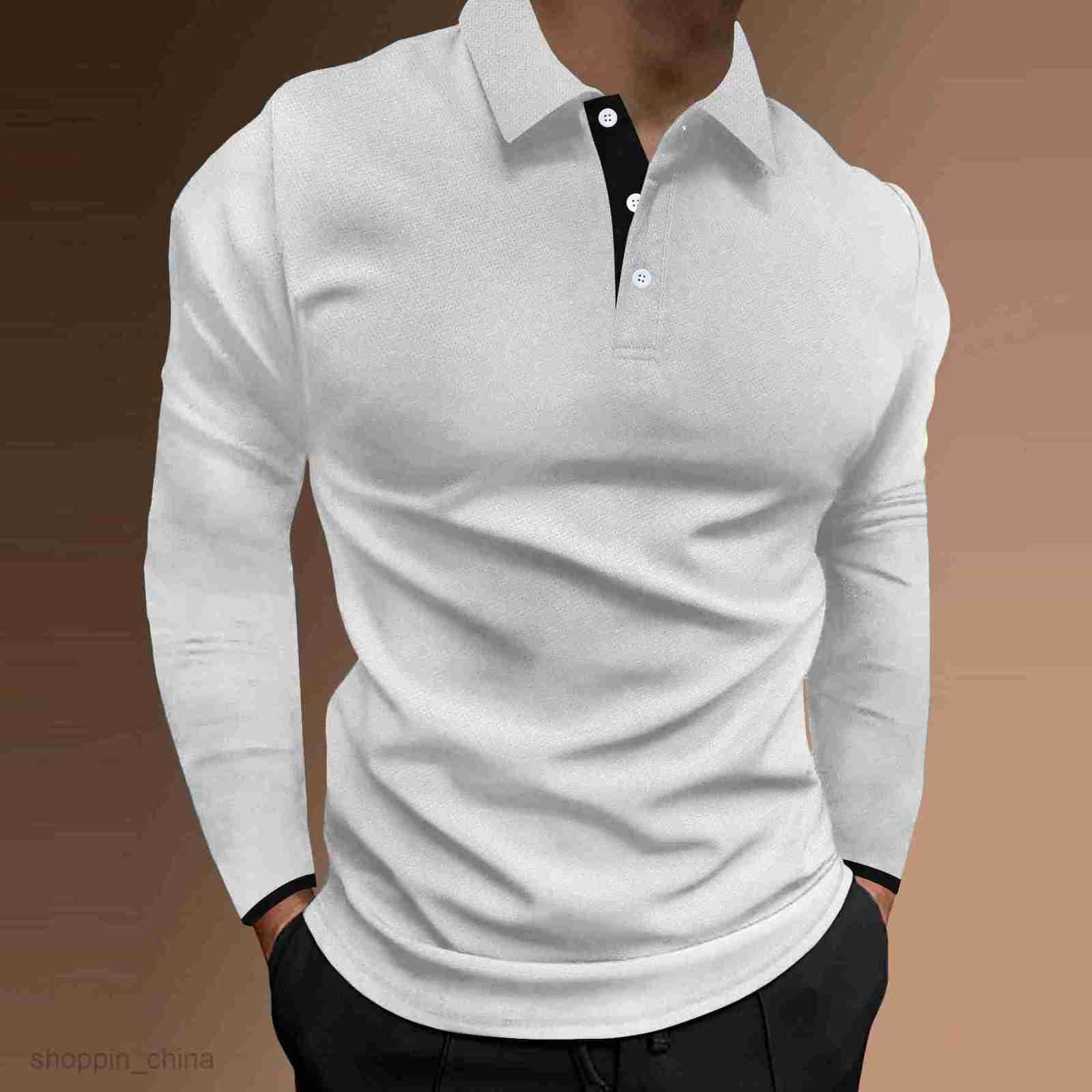 Men Polos Shirts Male autumn sports fitness leisure stand up collar elastic vertical strip long sleeved POLO tops