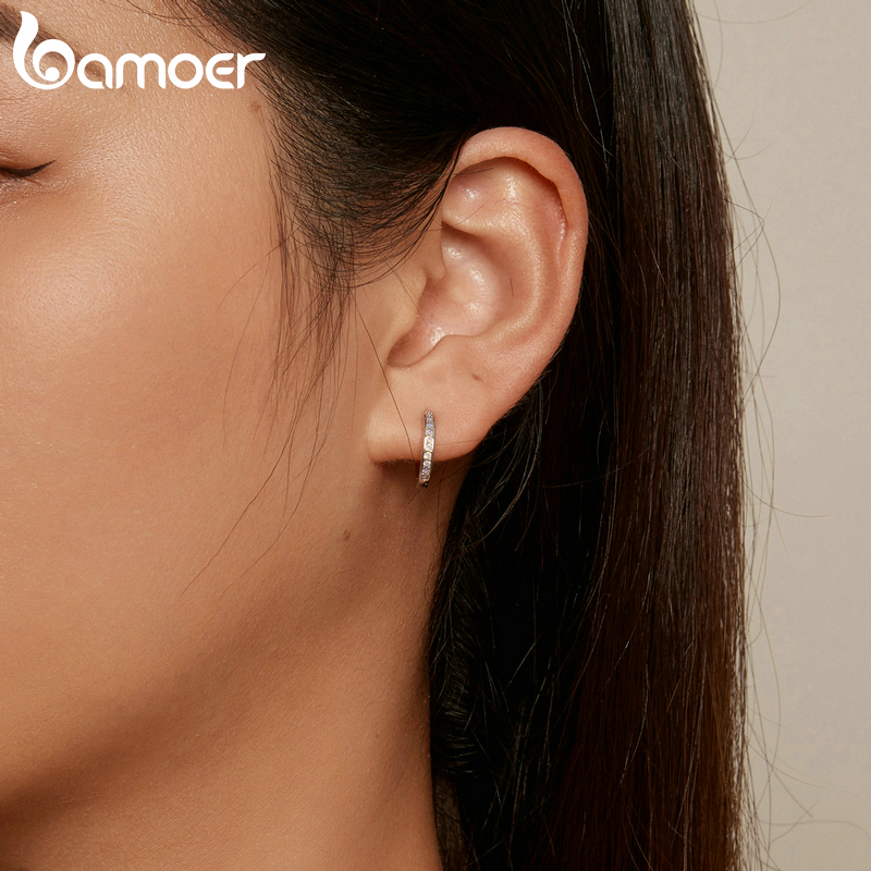 Bamoer 925 Sterling Silver Pink Opal Ear Buckles Classic Round Hoop Earrings for Women Girls Original Design Fine Jewelry