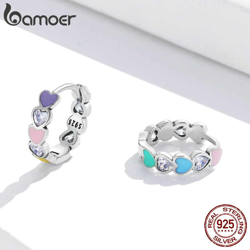Bamoer Genuine 925 Sterling Silver Rainbow Love Ear Buckles Colorful Heart Hoop Earring for Women Fine Jewelry Anniversary Gift