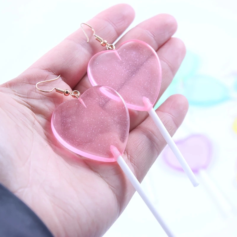 10pcs/12pcs/pack Bling Glitter Heart Lollipop Resin Charms for Earring Keychain Jewelry Making 85x22mm