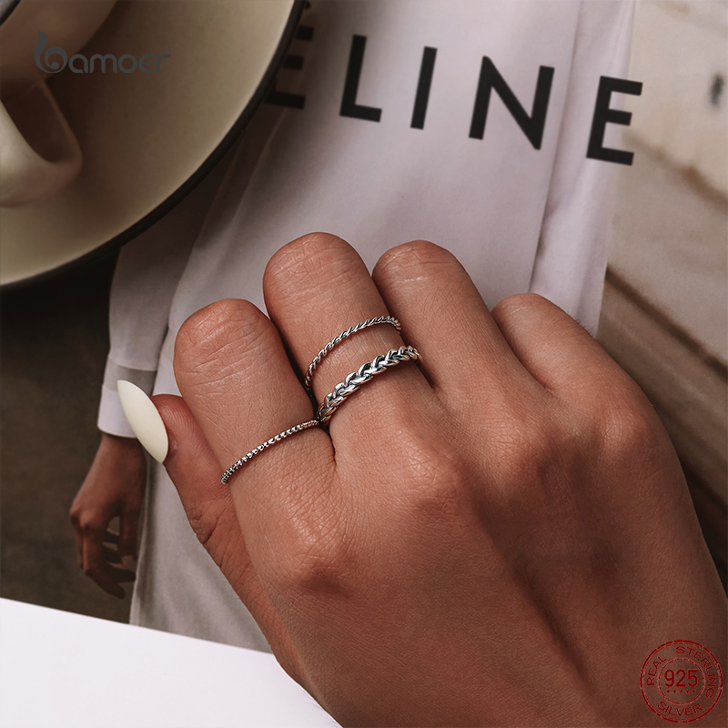 Bamoer 925 Sterling Silver Simple Braided Ring For Women Classic Elegant Stackable Ring Wedding Jewelry Accessories Not 925 Logo