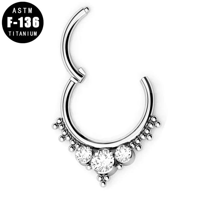 ASTM F136 Titanium Nose Ring 3 CZ Cluster Bead Hoop Ring Cartilage Nose Septum Hinged Segment Helix Lip Earring Piercing Jewelry