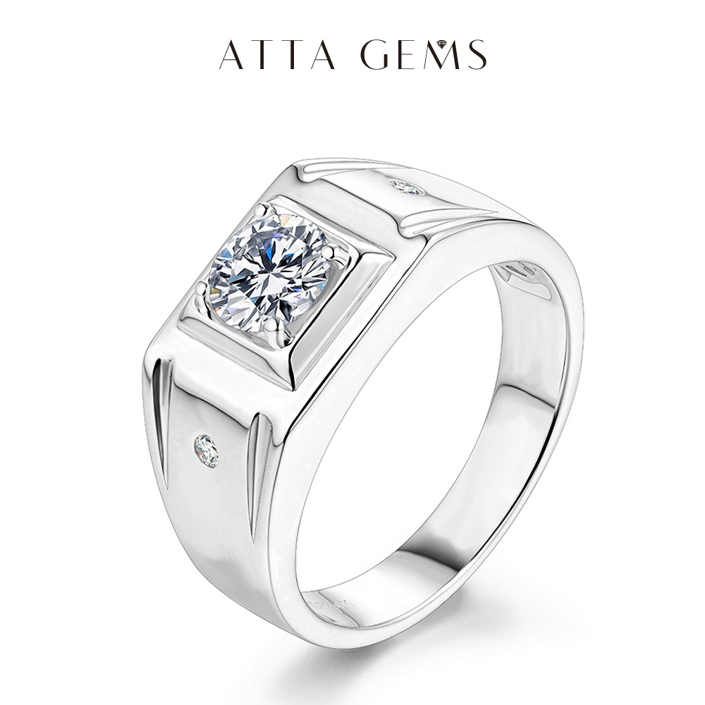 ATTAGEMS 1CT D Color 6.5mm Moissanite Diamond Men Ring Design Men Ring 100% 925 Sterling Silver Party Ring Father's Day Gift