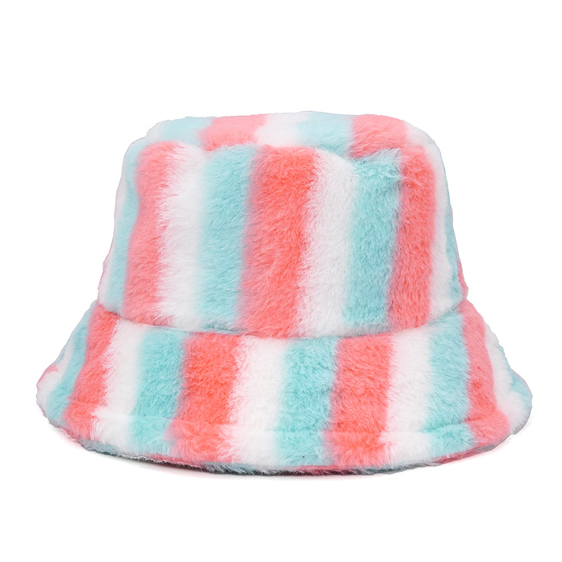 Autumn Winter Faux Fur Rainbow Striped Womens Bucket Hats Thick Warm Lady Fluffy Panama Hats Outdoor Velvet Fisherman Hats