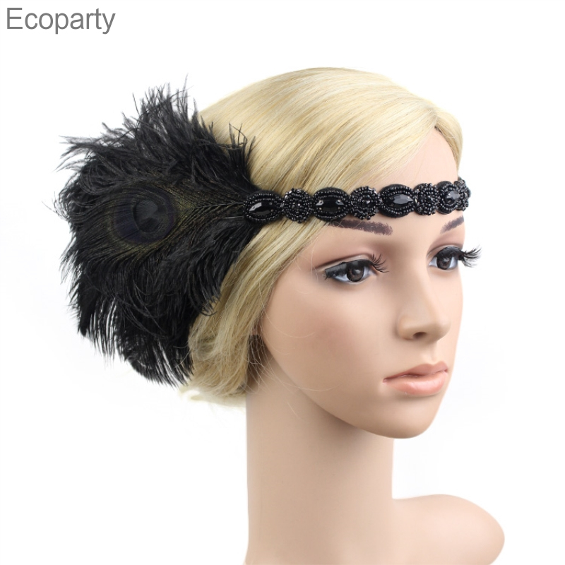 15 Hair Accessories Black Rhinestone Beaded Sequin Hair Band 1920s Vintage Gatsby Party Headpiece Women Flapper Feather Headband