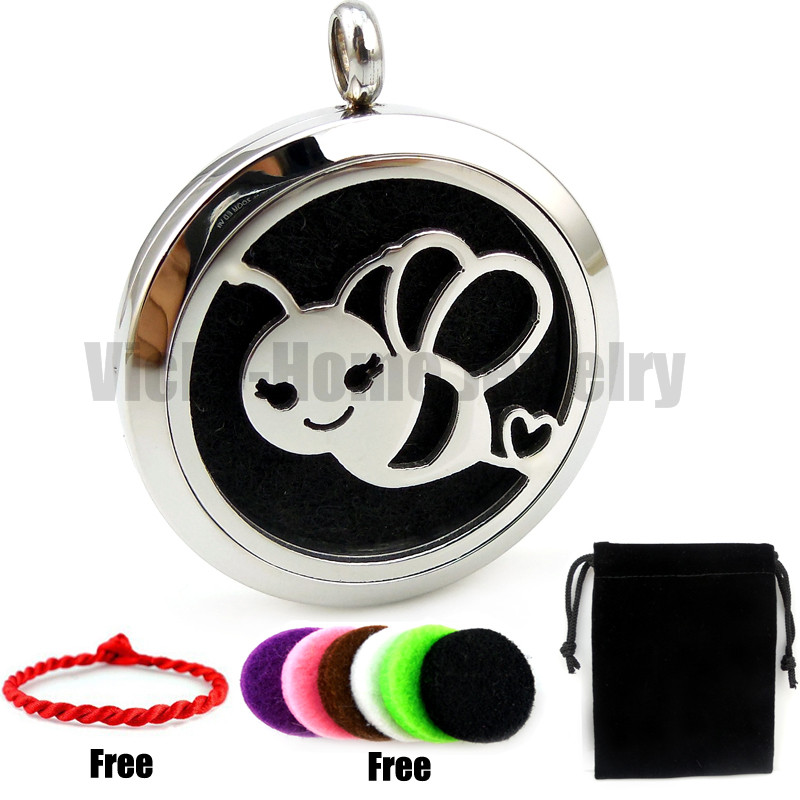 Round Steel Bee 30mm Free Red String Bracelet and Pads Essential Oils Diffuser Locket Aroma Diffuser Locket