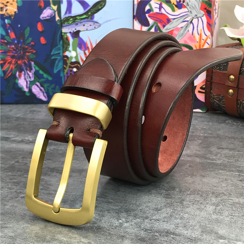 Vintage Brass Belt Buckle Genuine Leather Belt Male Ceinture Yellow Belt Cowboy Jeans Men' Belt Long 130cm Waist Belt MBT0006