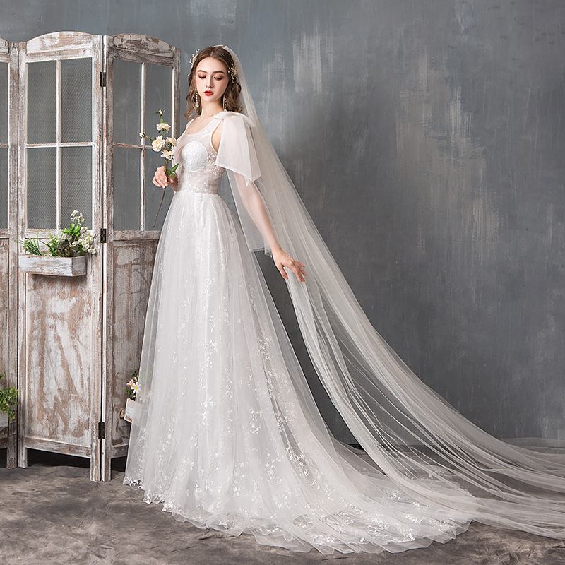 2019 Vestidos De Novia Lace Wedding Dresses Shoulder Applique for Women T-shirt Clothing Short Sleeve Vintage Wedding Back Butto