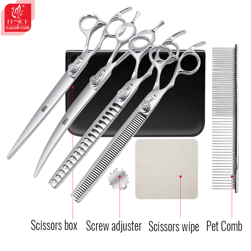 Fenice Left Hand 7 Inch Professional Pet Scissors Set Dog Grooming Kit Scissors Straight Curved Chunker Thinner Shears JP440C