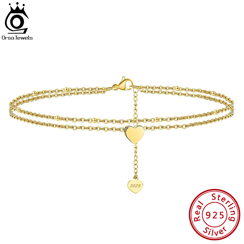 ORSA JEWELS 925 Sterling Silver Women Heart & Satellite Layered Chain Anklet Summer 14k Gold Foot Bracelet Leg Jewelry SA17