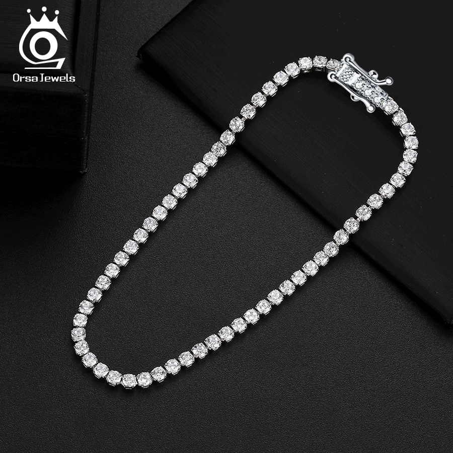 ORSA JEWELS Authentic 925 Sterling Silver Tennis Bracelet Clear Cubic Zirconia Silver Bangle Party Jewelry Men Hand Chain SB61