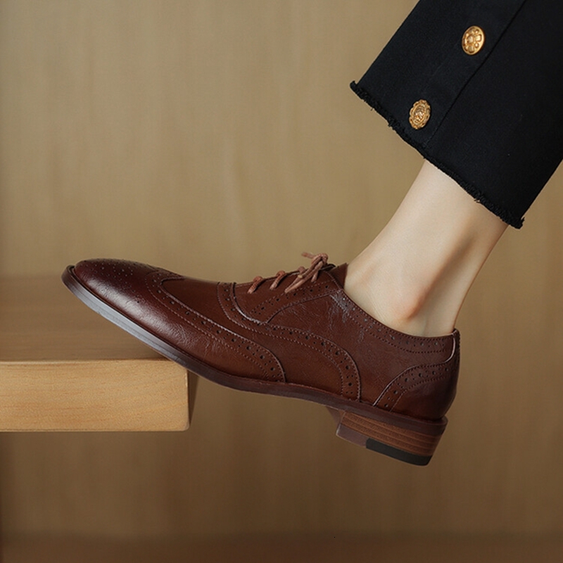 NEW Spring/Autumn Oxfords Split Leather For Women Brogues Vintage Lace Up Loafers Handmade Black Plus Size Shoes