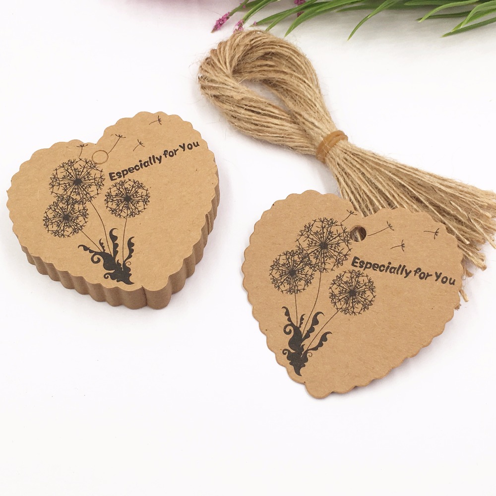 100pcs DIY Kraft Paper Tags Brown Heart Shape Label Luggage Wedding Note Blank price Hang tag Kraft Gift tags+100pcs strings