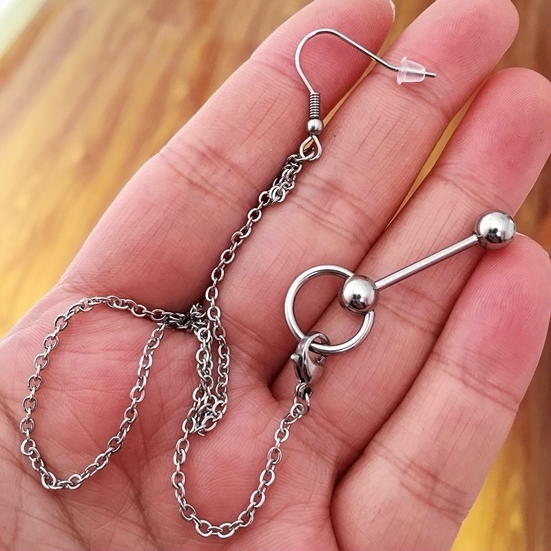 1PC 1.6mm Unisex Tongue-Ring with Chain 14g Bar Barbell Lip Nose Pircing Rings Goth Body Jewelery Steel Tongues Studs Harajuku