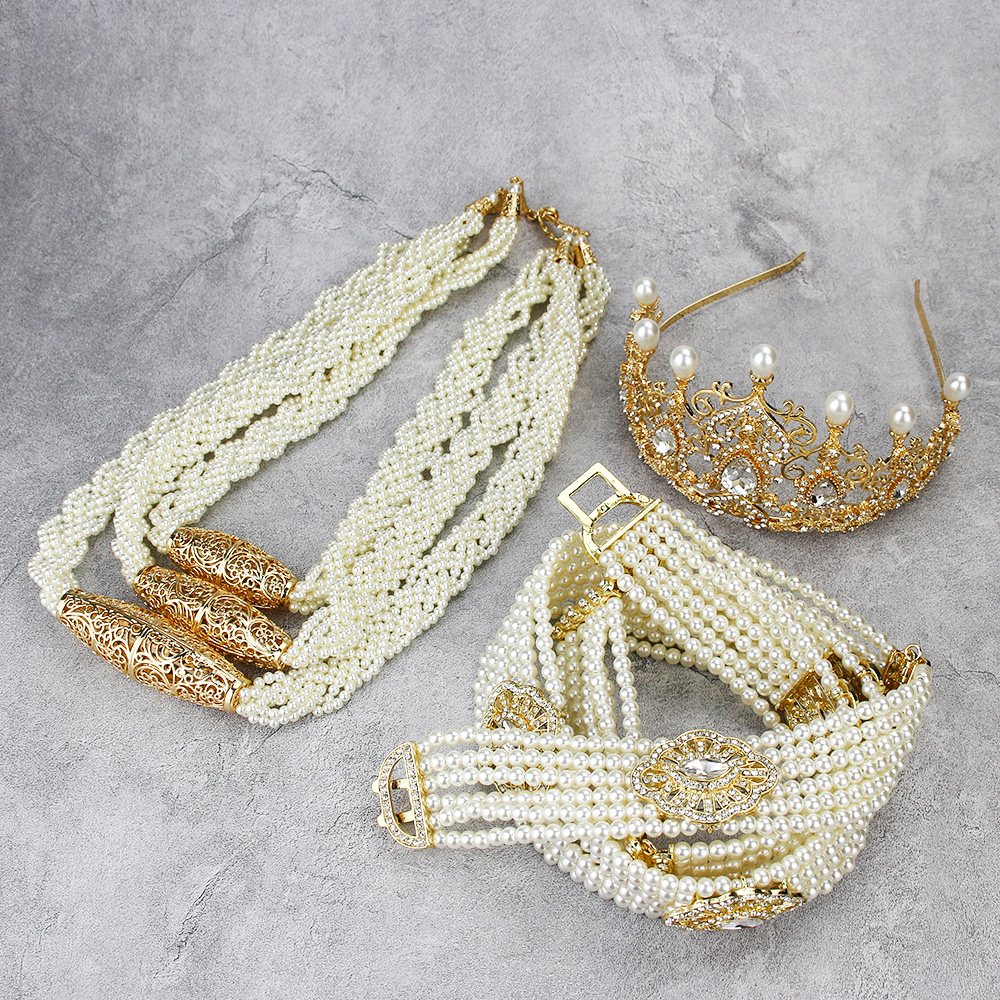 Sunspicems Chic Morocco Bridal Wedding Jewelry Sets Algeria Women Pearl Caftan Belt Beads Necklace Crown Sets Arab Kaftan Bijoux