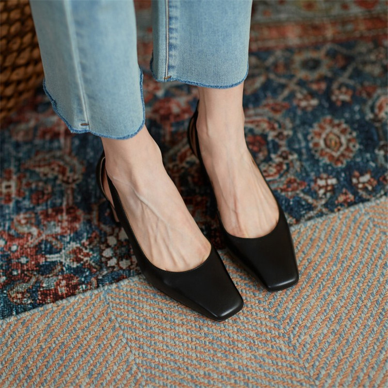 Genuine Leather Pumps Spring/Autumn Square Toe Chunky Heel For Women Sexy High Heels Women's Work Shoes