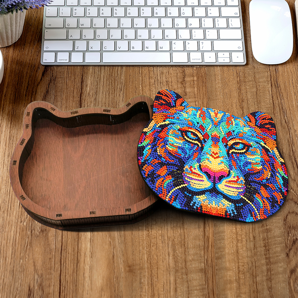 Wood Crystal Rhinestone Diamond Art Jewelry Case Wolf Diamond Mosaic Embroidery DIY Jewelry Storage Box Tiger for Adults Kids