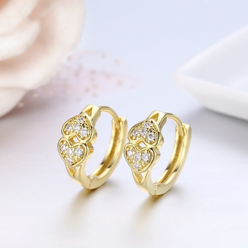 Double Heart Full CZ Circle Loop Huggie Hoops Earrings For Women Child Girls Kids Brass Gold Color Jewelry Oorbellen Aretes Aros