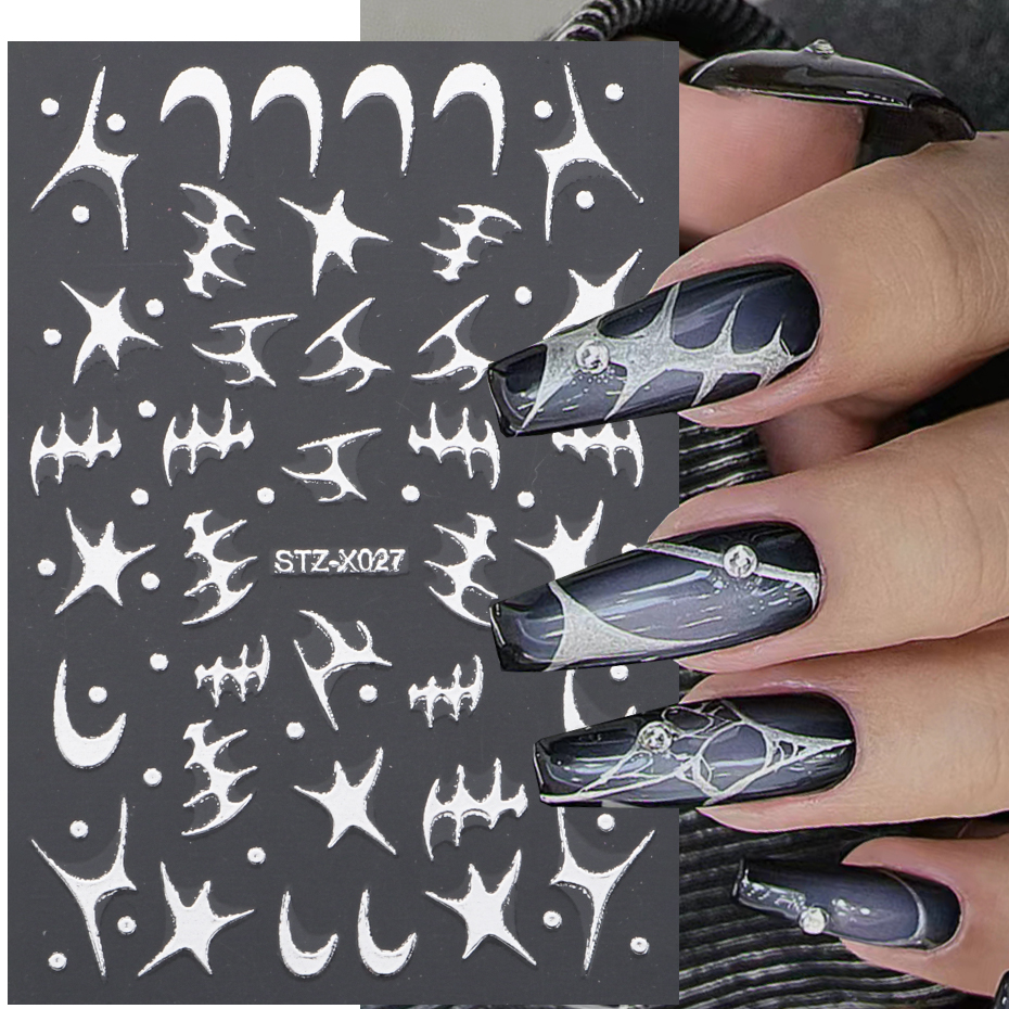 3D Silver Metallic Line Chrome Nail Sticker French Stripe Line Flame Metal Liquid Slider Heart Star Aesthetic Y2K Decals