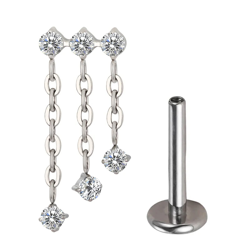 1Pc G23 Titanium Chain Dangling Cartilage Earrings Stud 16g Internally Threaded CZ Gem Helix Ear Tragus Piercing Jewelry