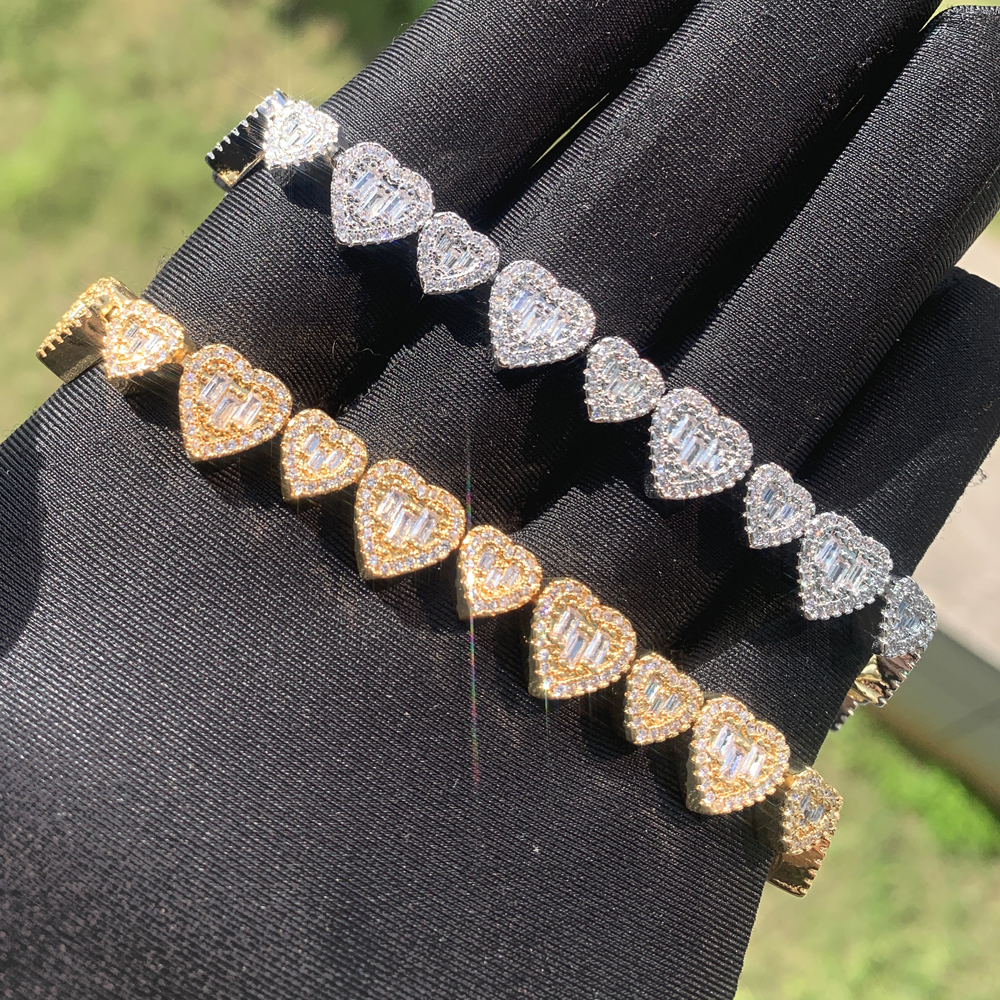 5A CZ Two Hearts Jewelry Set: Iced Out Bg Necklace Bracelet for Women 4e9b