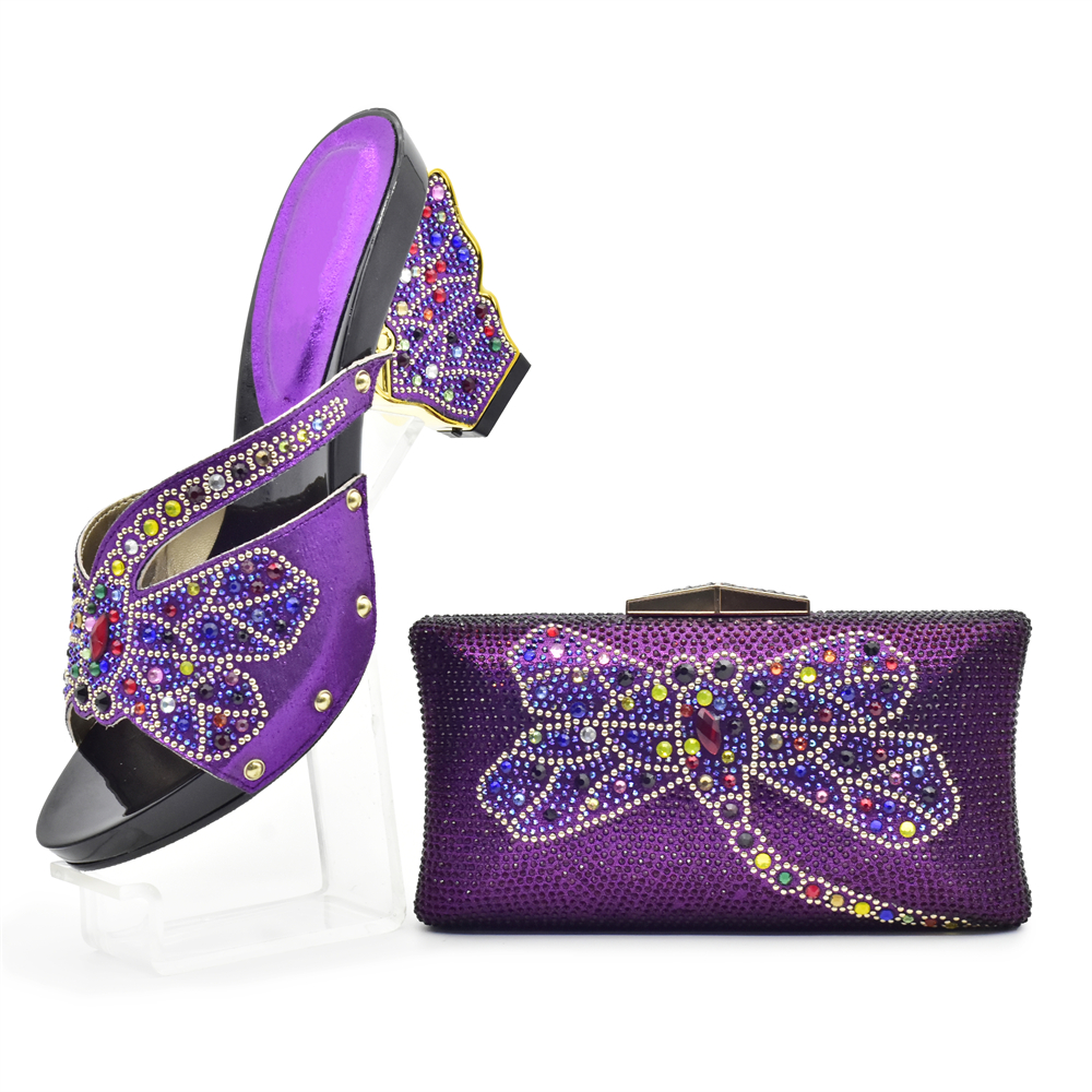 Purple Color African Matching Shoes and Bags Italian In Women Italian Shoes and Bags To Match Shoes with Bag Set with Rhinestone