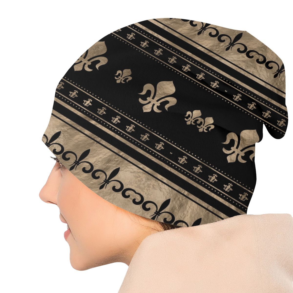 Fleur De Lis Luxury Ornament Black And Gold Beanies Caps Unisex Trend Winter Knit Hat Adult Royalty Lily Petals Bonnet Hats
