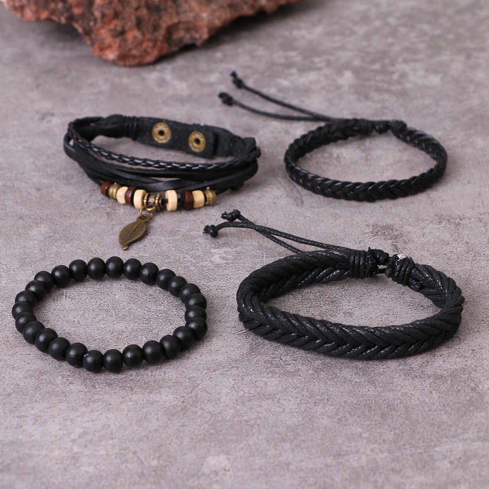 DAXI 4Pcs/set Adjustable Leather Woven Bracelets Set For Man Bronze leaves Black Beads Bracelet Vintage Gothnic Jewelry Gifts