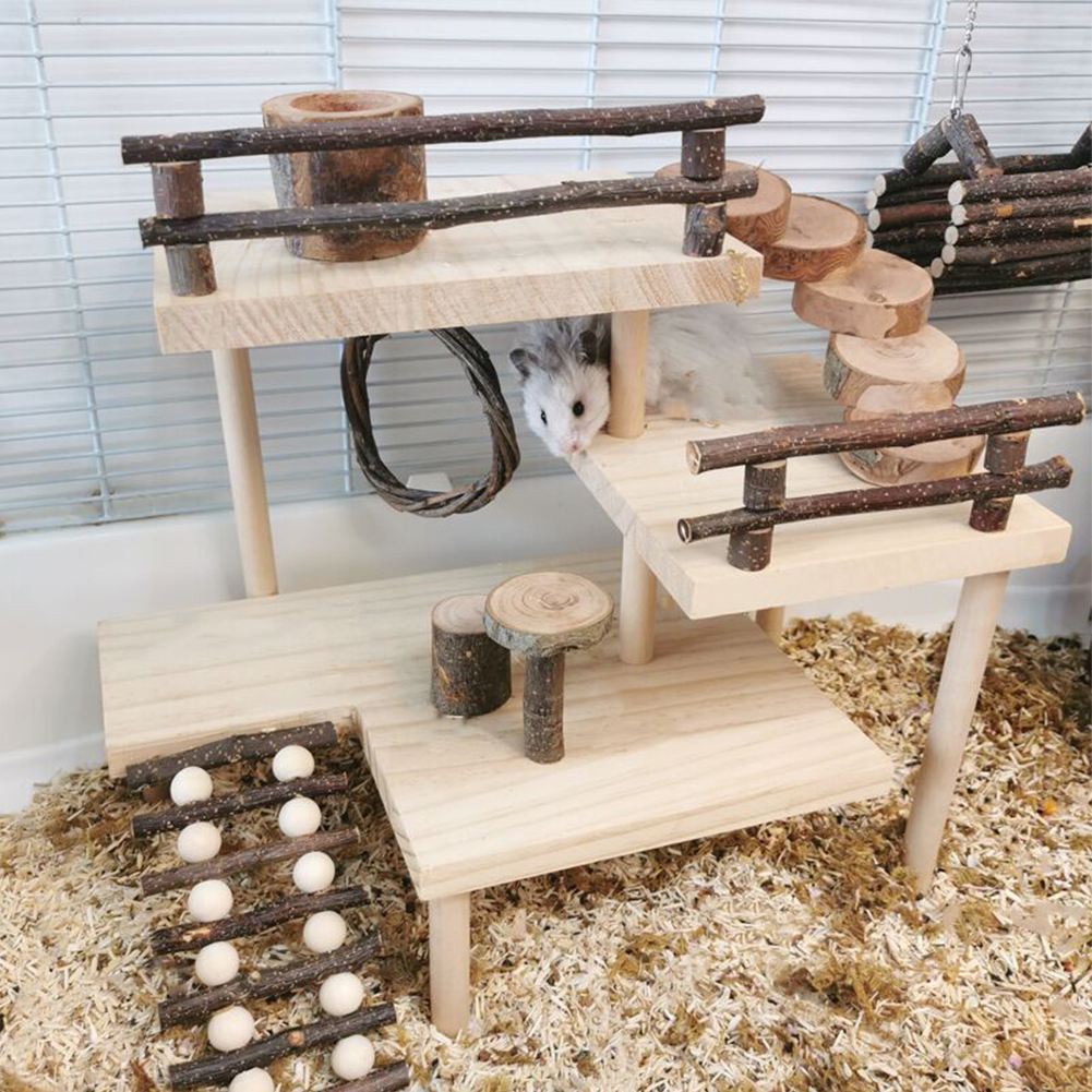 3-Tier Hamster Play Wooden Platform With Rotatable Angle Ladder Bridge Fence Handmade Small Animals Playground Climbing Toy