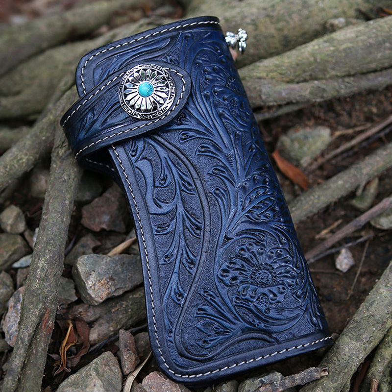 Women Men Wallets Carving Floral Bag Purses Clutch Vegetable Tanned Leather Turquoise Hasp New Year Gift