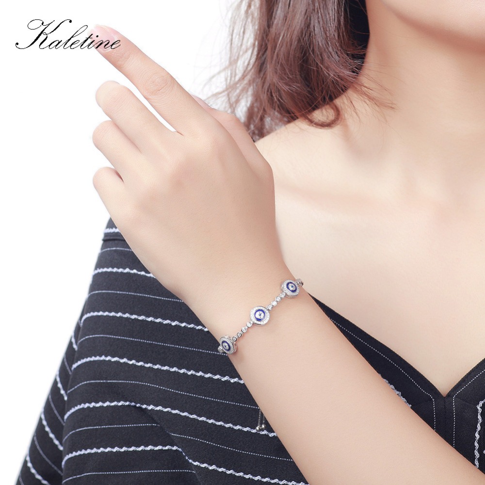 KALETINE Women Evil Eye Lucky Hamsa Bracelet Genuine 925 Sterling Silver Men Luxury Round Blue Eyes CZ Crystal Tennis Bracelet