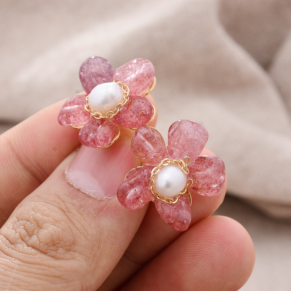 Original Handmade 14K Gold Filled Natural Freshwater Pearl Strawberry Quartz Sweet Rose Flower Ladies Stud Earrings Jewelry Gift
