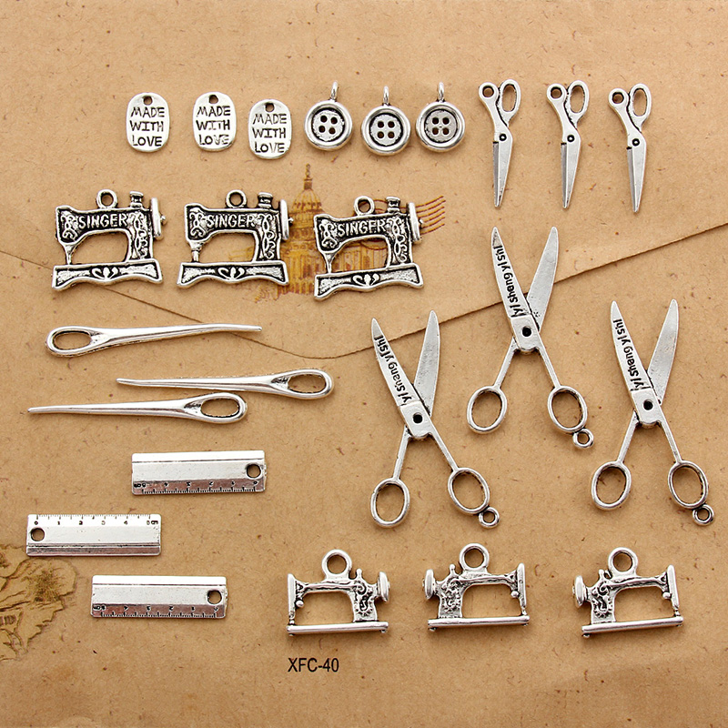 24 Pcs Mixed Antique Silver color Alloy Charms Tools Sewing Pendants DIY Jewelry Making Jewellry Accessories Necklace Ornament