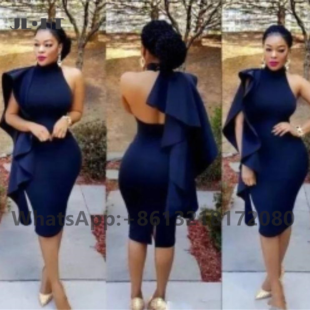 2022 Plus Size Dark Naby Blue Bridesmaid Dresses Wedding Party Gown High Neck Elastic Satin Women African Bridesmaid Dresses