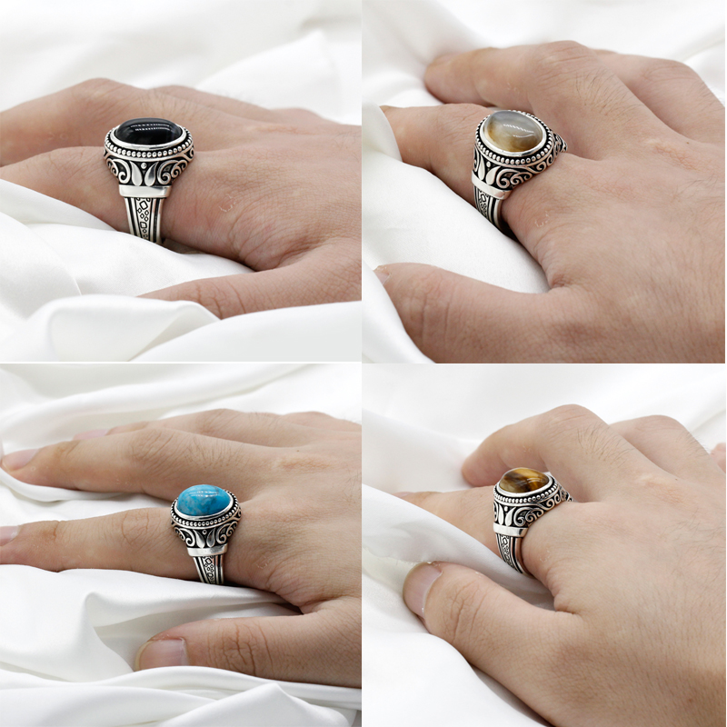Vintage 925 Sterling Silver Male Ring with Turquoise/Agate/Tiger Eyes Stone Men Rings Turkish Handmade Thai Silver Jewelry Gift