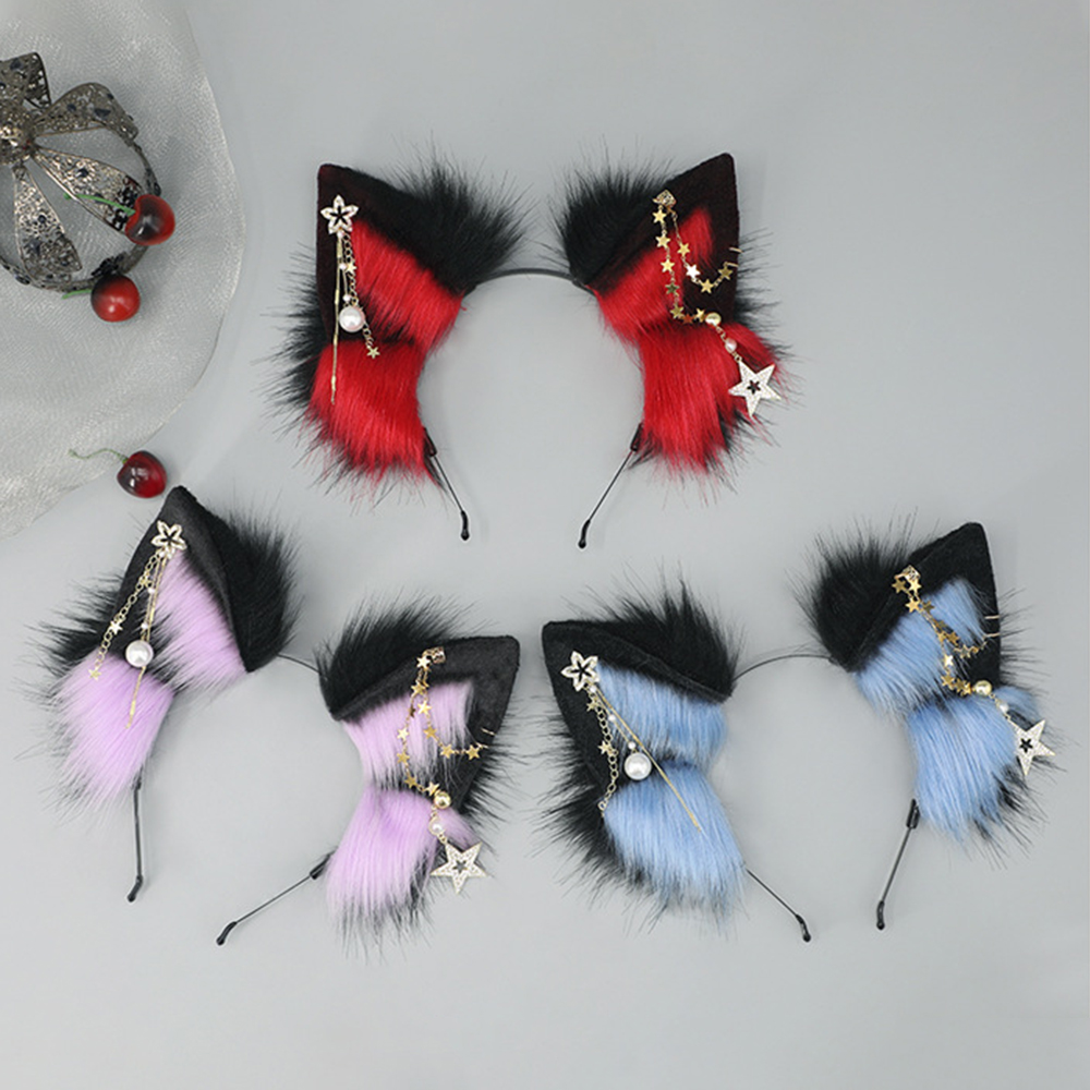 Gothic Wolf Ears Animal Ear Headband with Star Tassels for Women Girls Cosplay Furry Cat Fox Ears Halloween Party Headwear