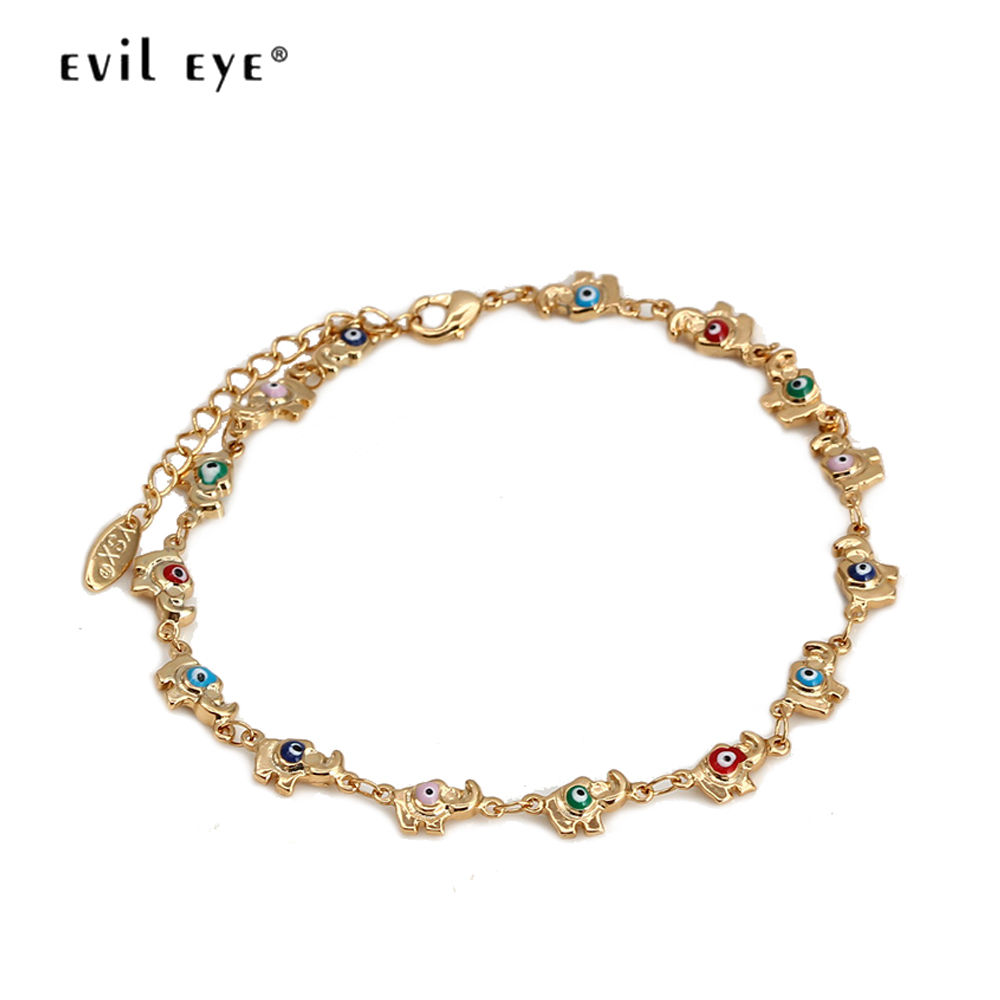 EVIL EYE Colorful Turkish Evil Eye Anklet Copper Adjustable Foot Chain Elephant Ankle Bracelet for Women Girls Jewelry BE391