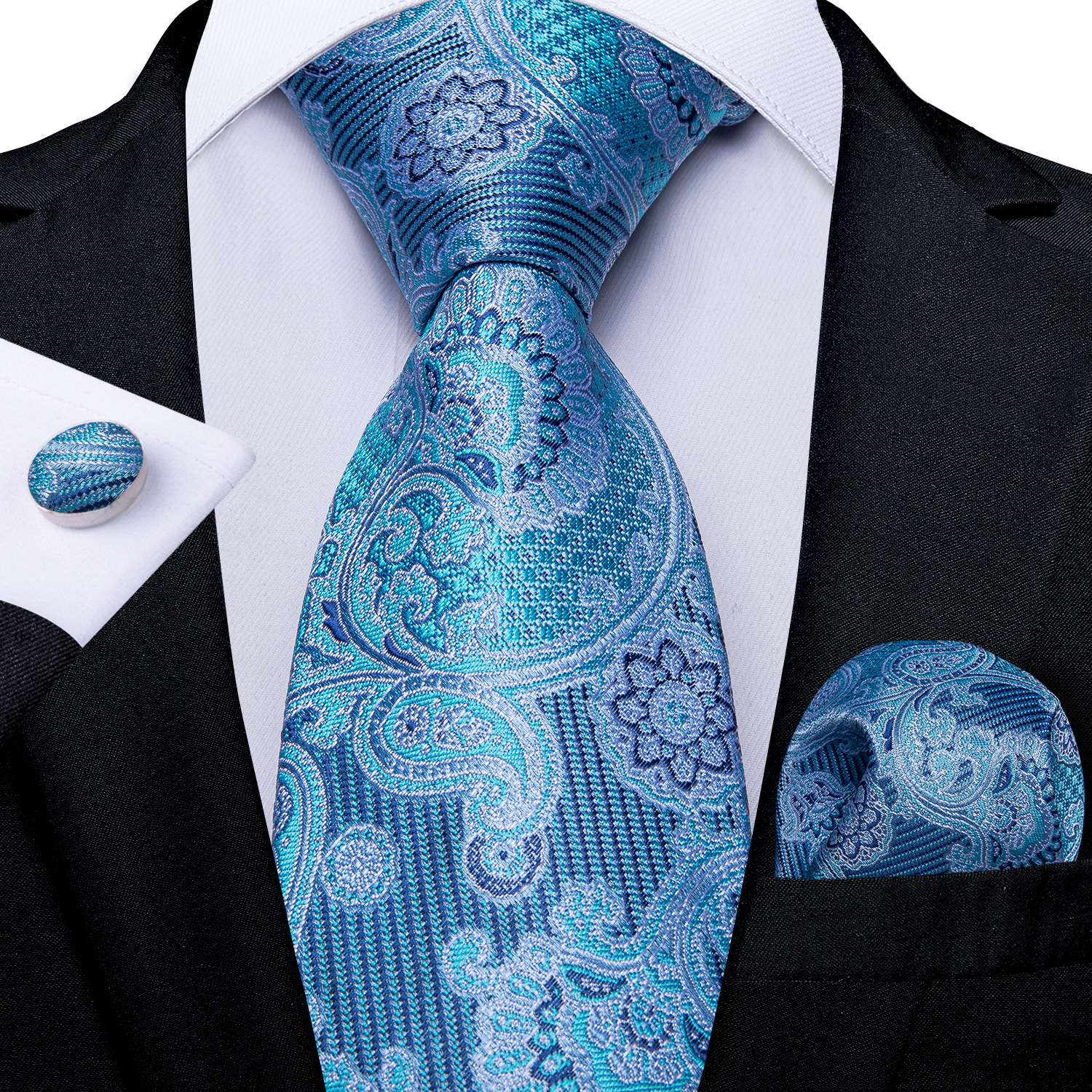 Designer Blue Paisley Floral Silk Ties For Men Luxury Wedding Accessories Men's Neck Tie Set Handkerchief Cufflinks Men's Gift