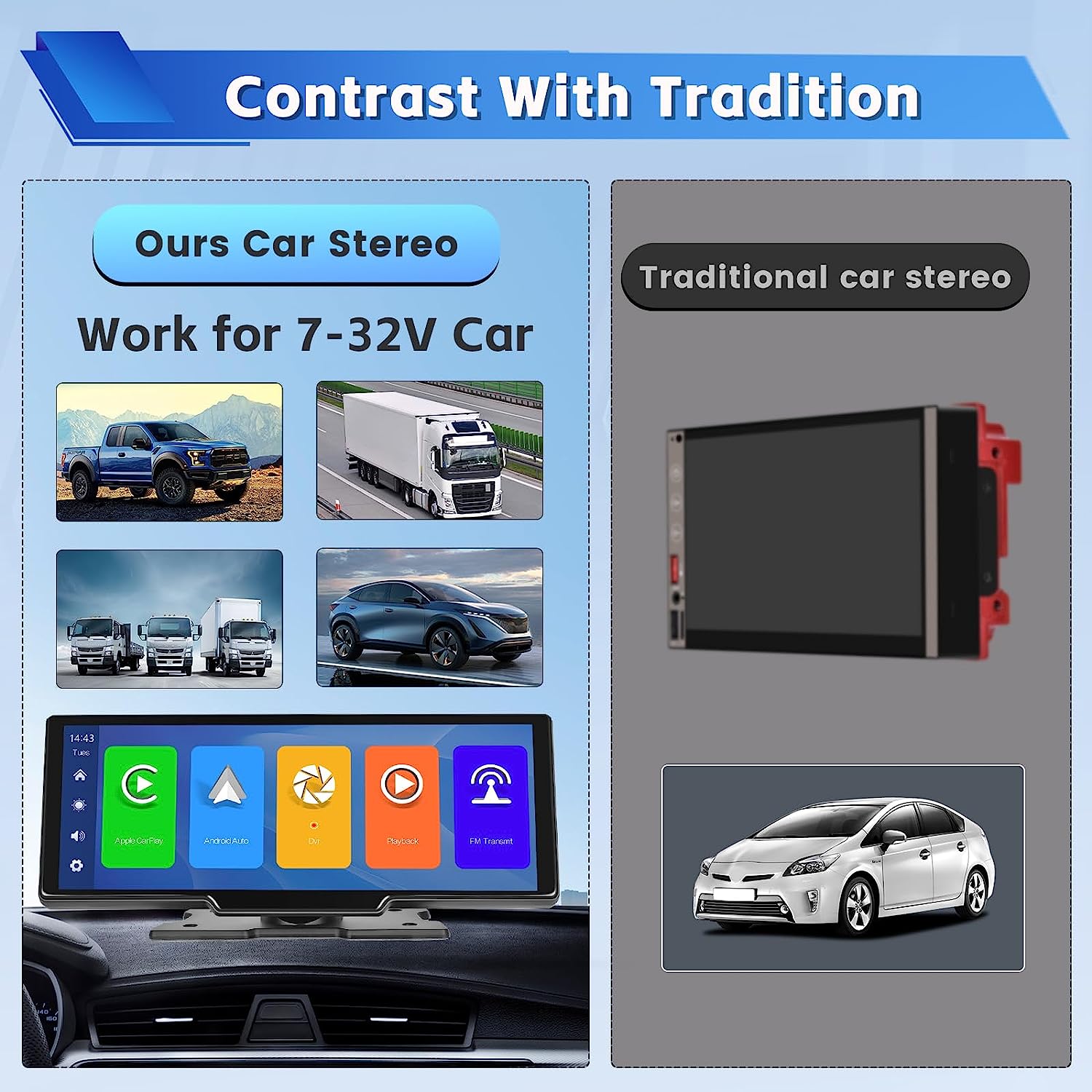 10.26" Portable Car Radio Carplay Android Auto Car Stereo 1080p touch Screen Bluetooth GPS USB FM for Car Truck Radio Receiver