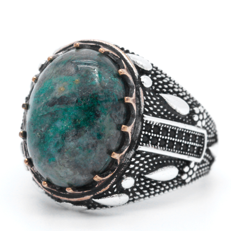 Turkish Jewelry 925 Sterling Silver Men's Ring Natural Phoenix Stone & Black CZ Ring Water Drop Design for Male Fine Jewelry