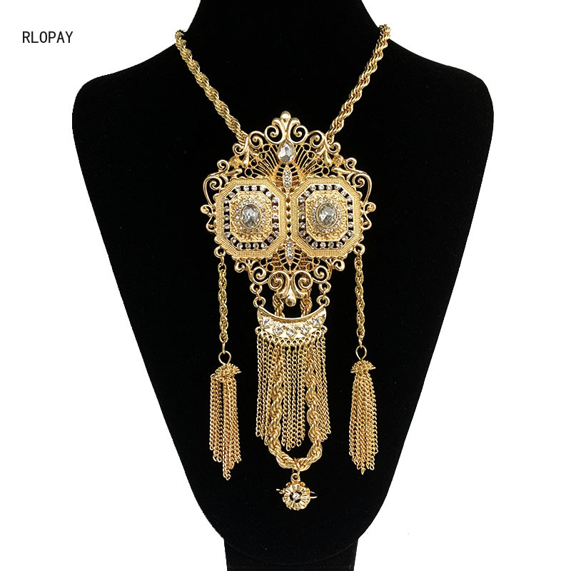 Ethnic Wedding Jewelry Chain with Rhinestone Gold Color Tassels Chain Necklace Algeria Morocco Traditional Bridal Pendants